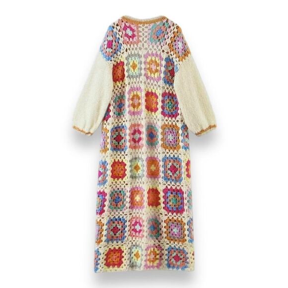 Crochet Floral Long Sleeve Open Front Long Cardigan Jacket - Picture 3 of 3